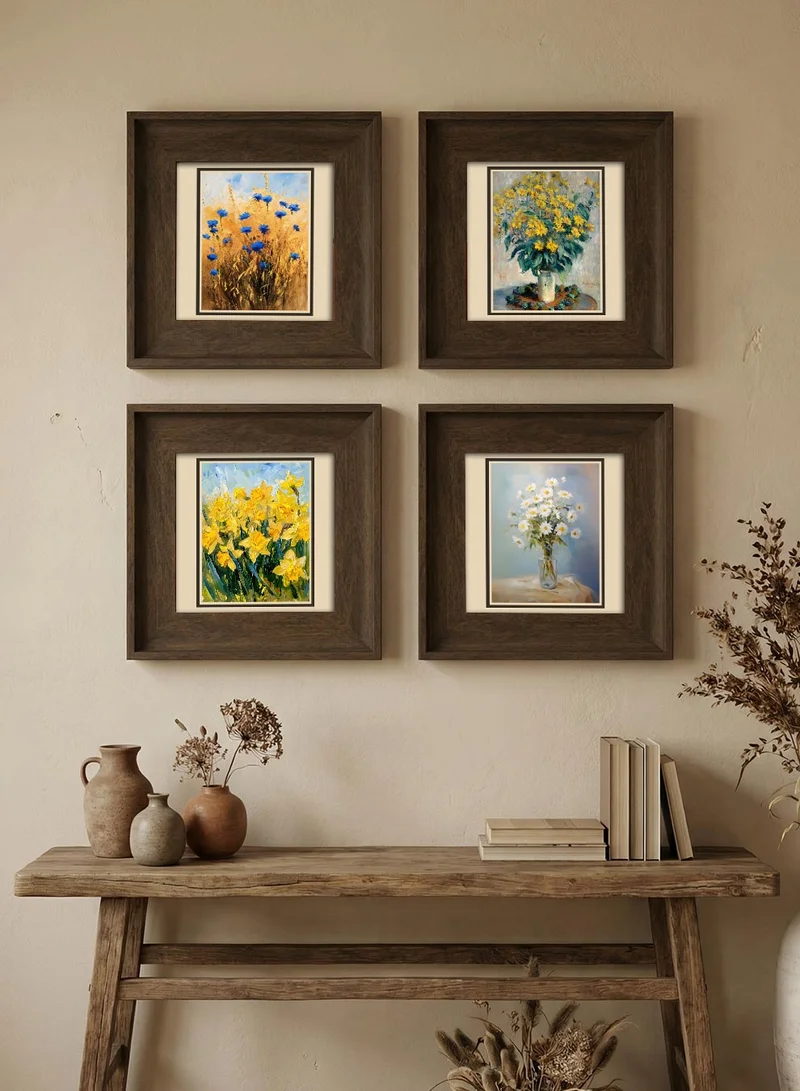LOWHA Set of 4 Canvas Wall Art Stretched Over Wooden Frame with Vintage Brown Floating Frame and Fresh Floral Design